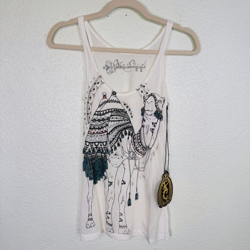Key Closet Top Womens XS Camel Swarovski Crystal Rhinestone Tank Tee White NEW